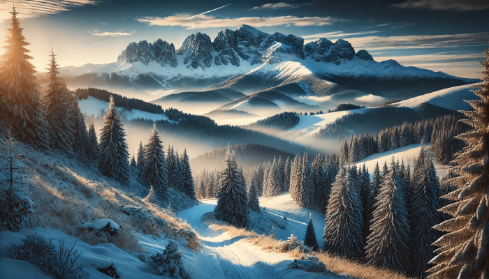 Ski resort of Kopaonik in winter with a sunrise.